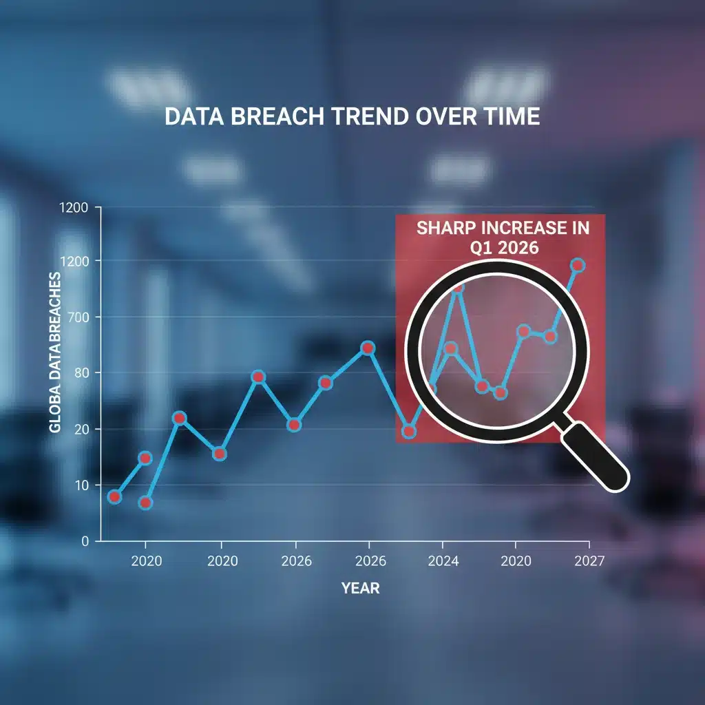 Graph illustrating increasing data breaches in Q1 2026 and federal warnings.
