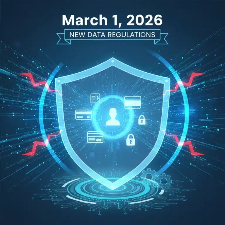 Digital shield protecting personal data with March 2026 regulations