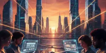 Futuristic digital city with data flows representing digital consumer spending