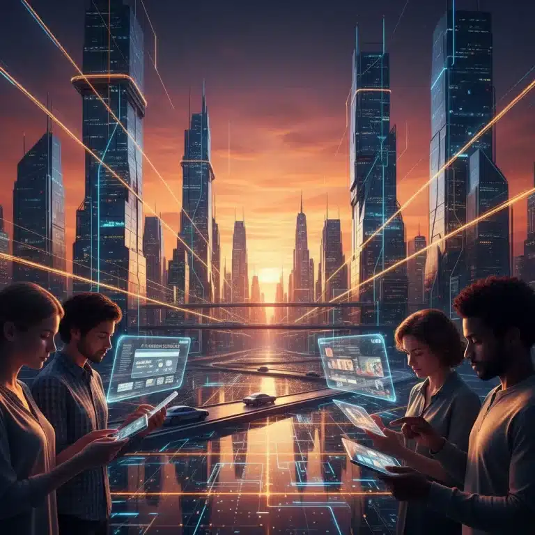 Futuristic digital city with data flows representing digital consumer spending