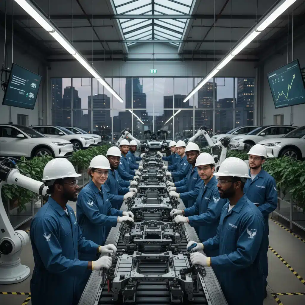 Diverse team of workers collaborating on a modern assembly line.