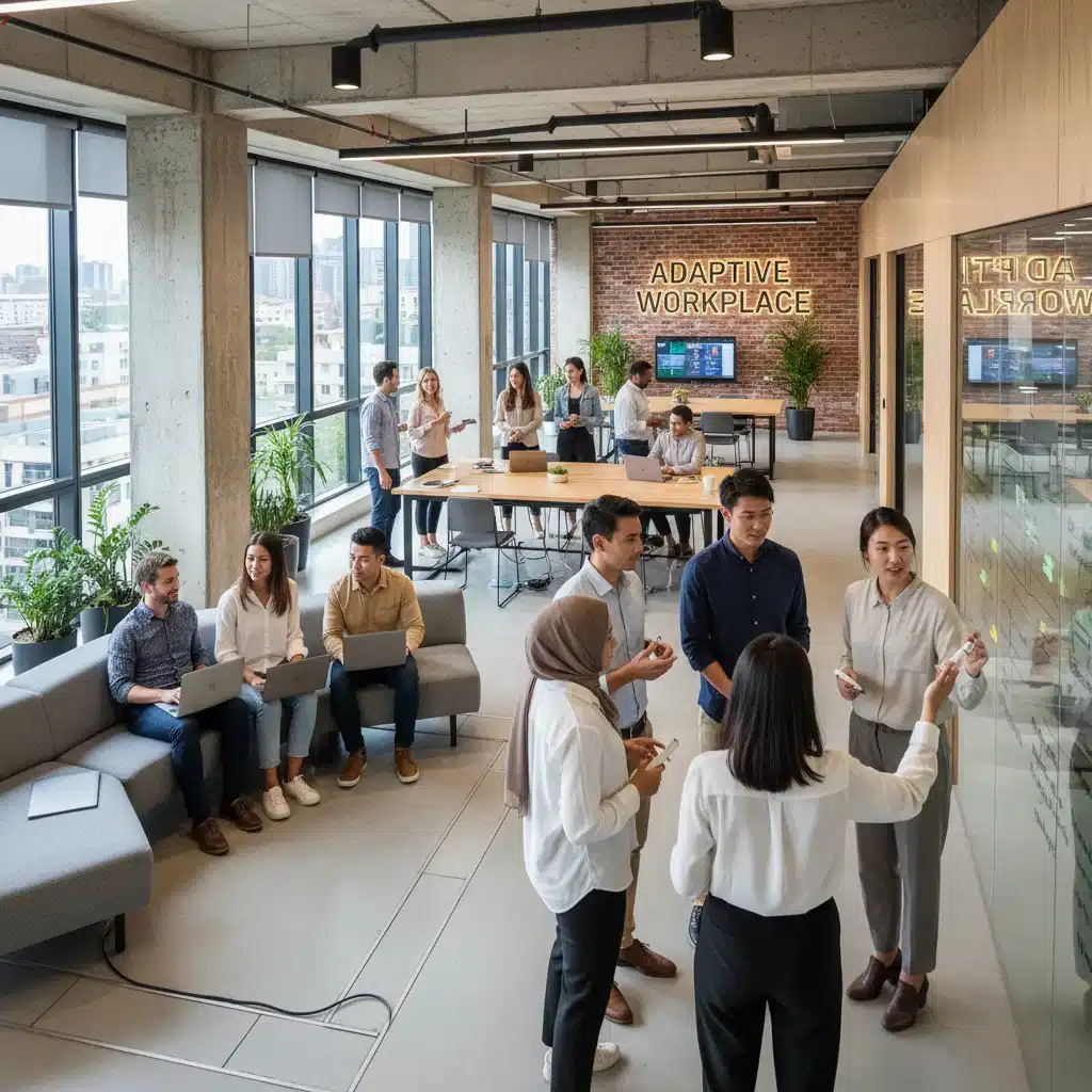 Diverse professionals collaborating in a modern office, highlighting evolving work environments.