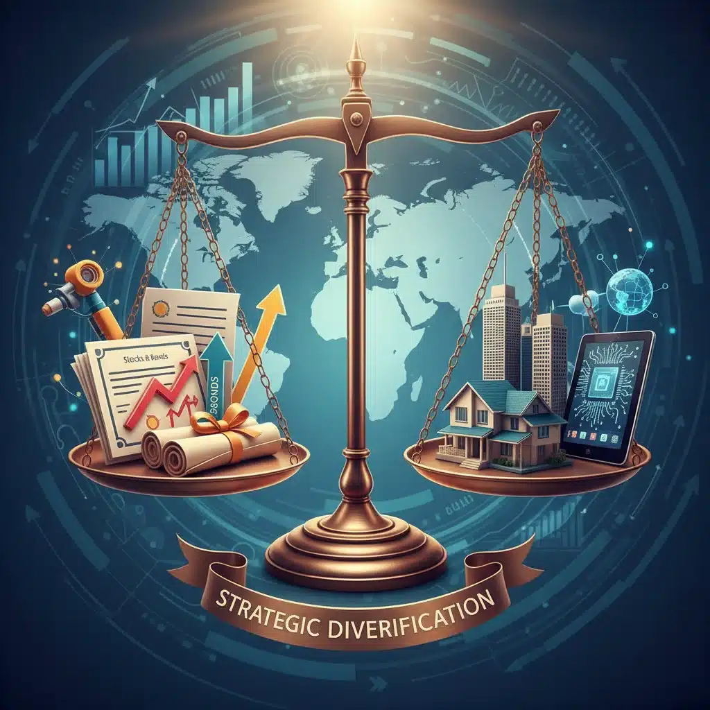 Diversified investment portfolio balancing various assets for economic stability.
