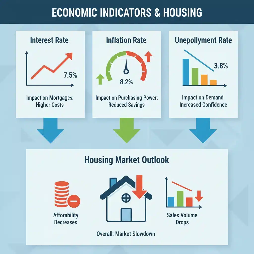 Infographic showing economic indicators like interest rates, inflation, and unemployment affecting housing.