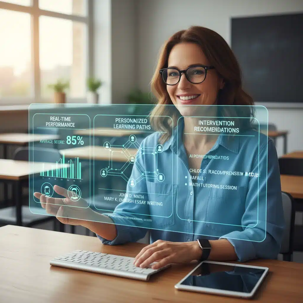 Teacher analyzing student data on an AI-powered educational dashboard.
