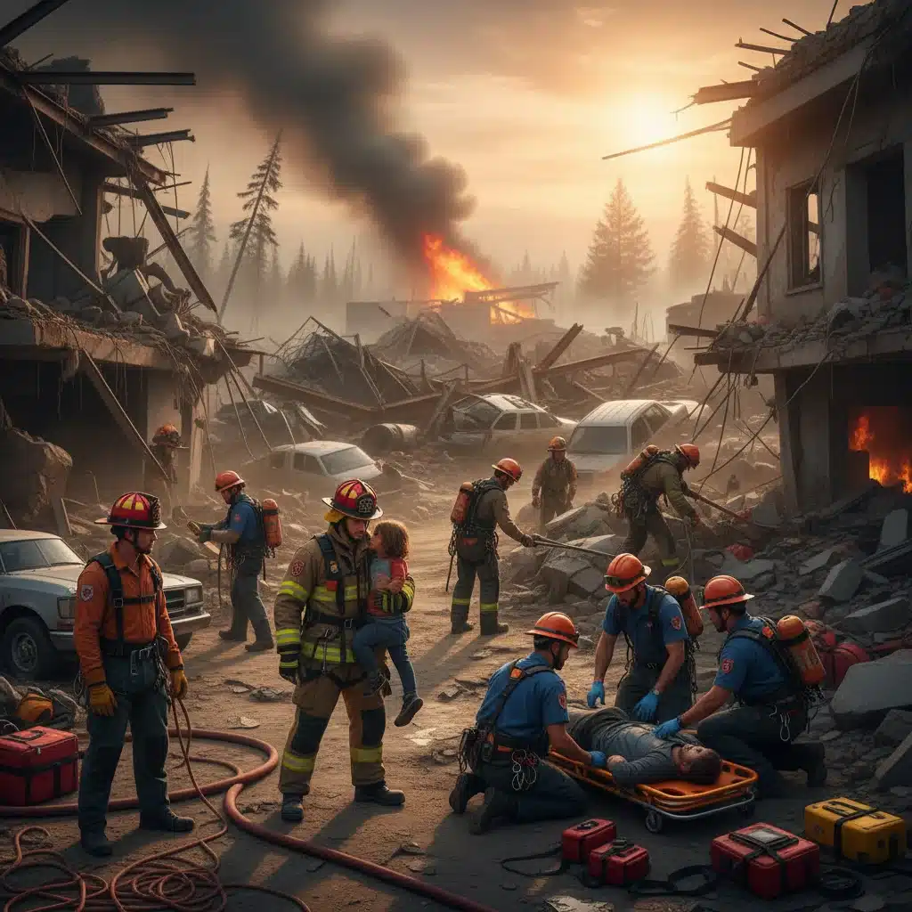 Emergency responders providing aid in disaster zone