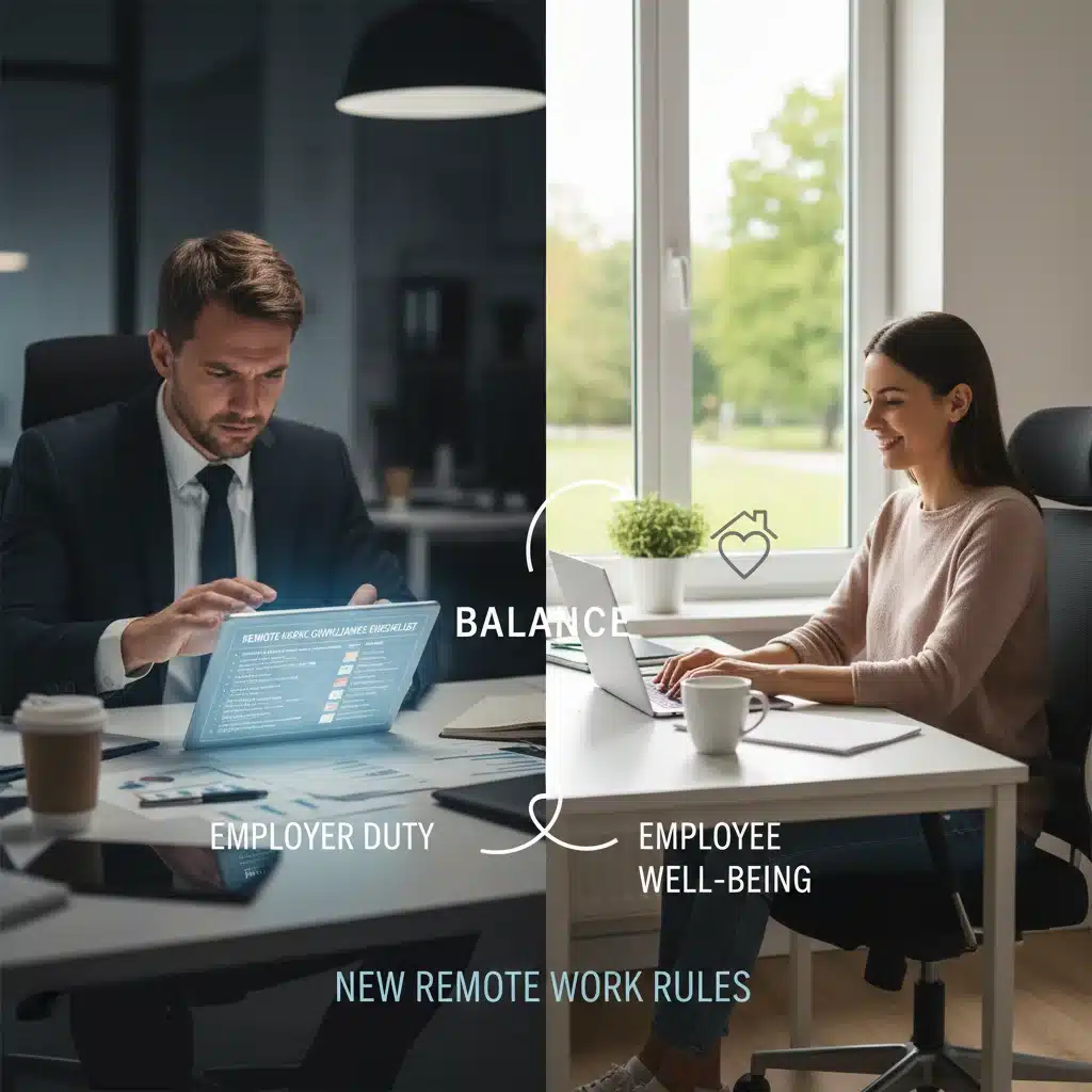 Employer reviewing compliance checklist and employee working remotely, representing new work regulations.