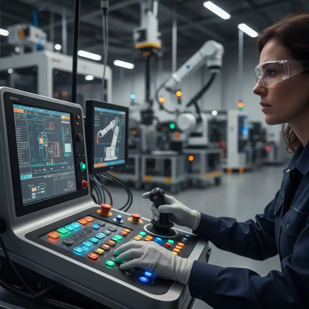 Engineer working at a control panel in a high-tech manufacturing plant.