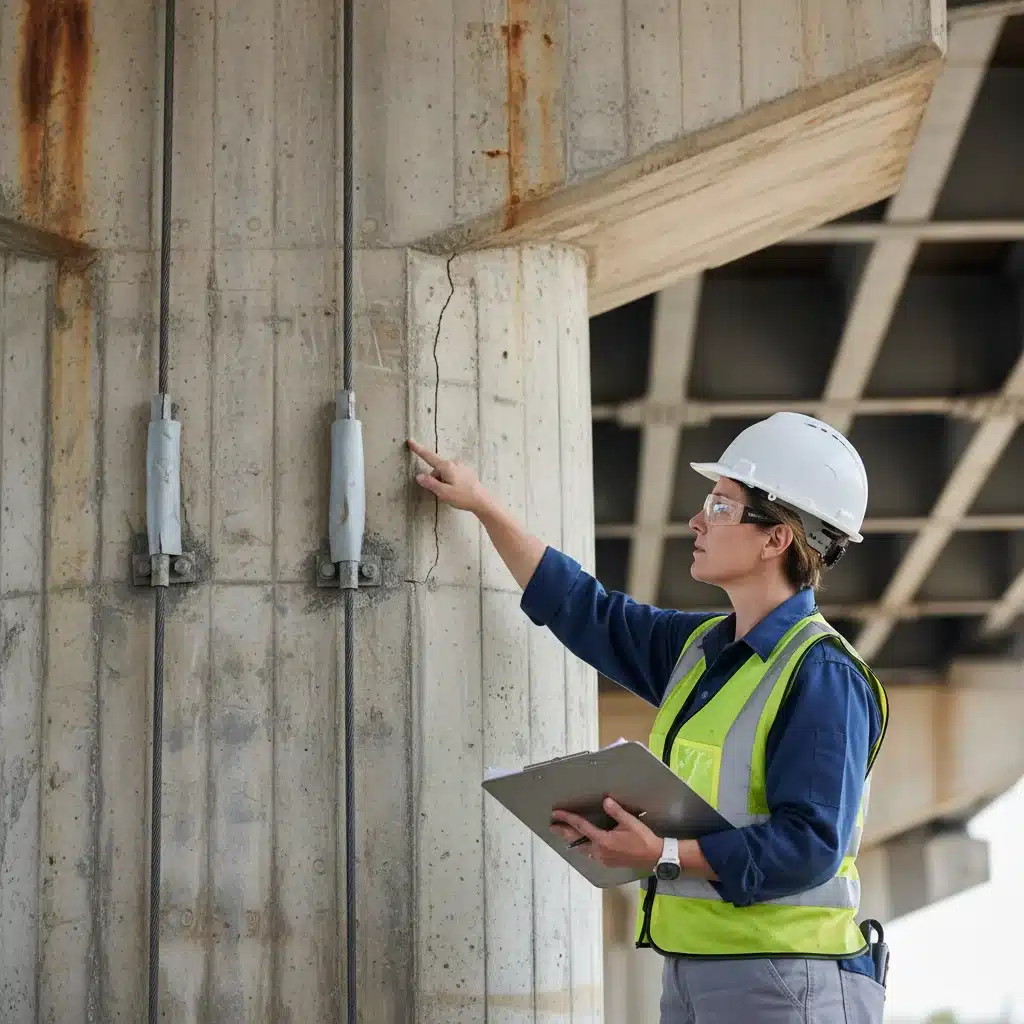Engineer inspecting concrete and steel bridge support structure
