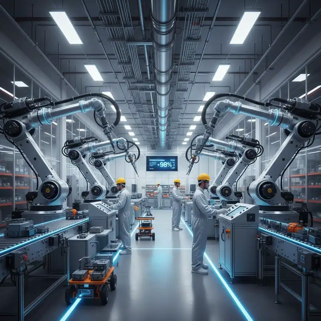 Automated factory floor with robots and human workers demonstrating advanced manufacturing and efficiency.