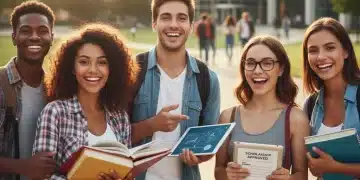 Diverse college students smiling, holding books and tablets, symbolizing accessible higher education through FAFSA.
