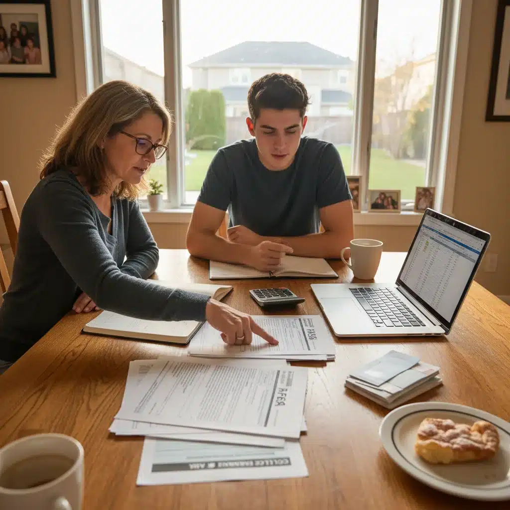 Parent and student reviewing financial documents for college, highlighting family's role in FAFSA.