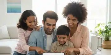 Family reviewing financial information on a tablet, symbolizing preparation for child tax credit changes.