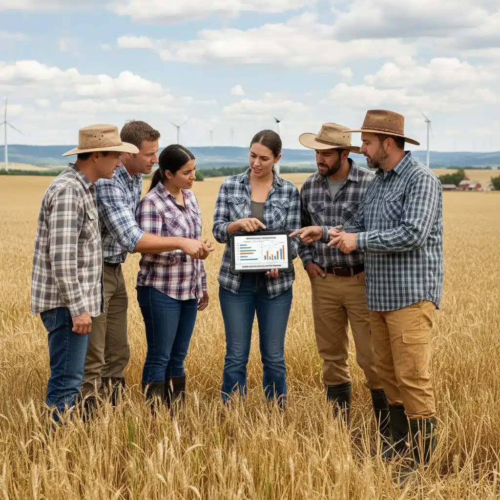 Farmers discussing agricultural policy and data in a field, representing community engagement.