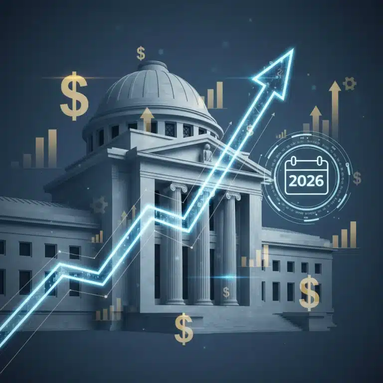 Federal Reserve building with rising interest rate graph and 2026 calendar, symbolizing future economic changes.