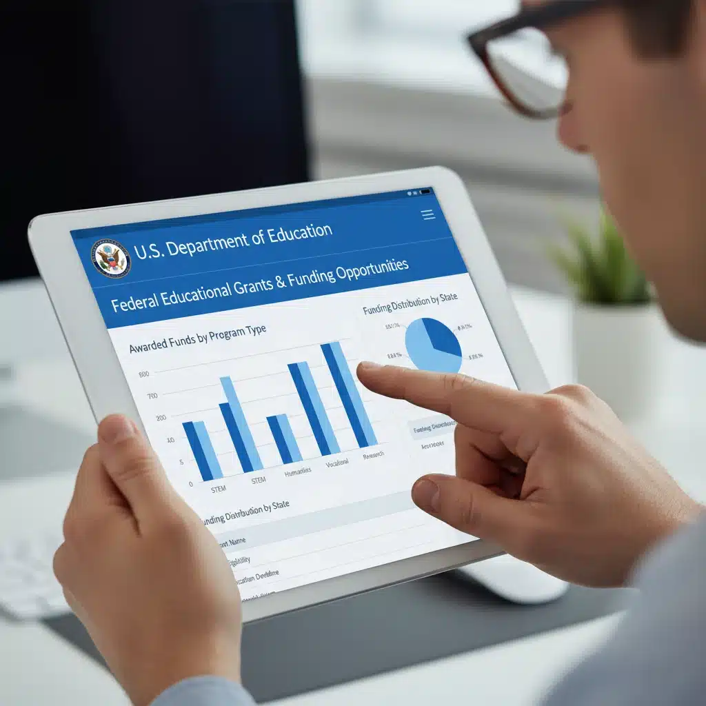 Hand navigating federal education grants website on a tablet.