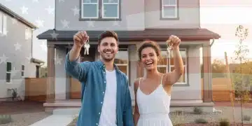 Young couple holding keys in front of new home, symbolizing federal housing support