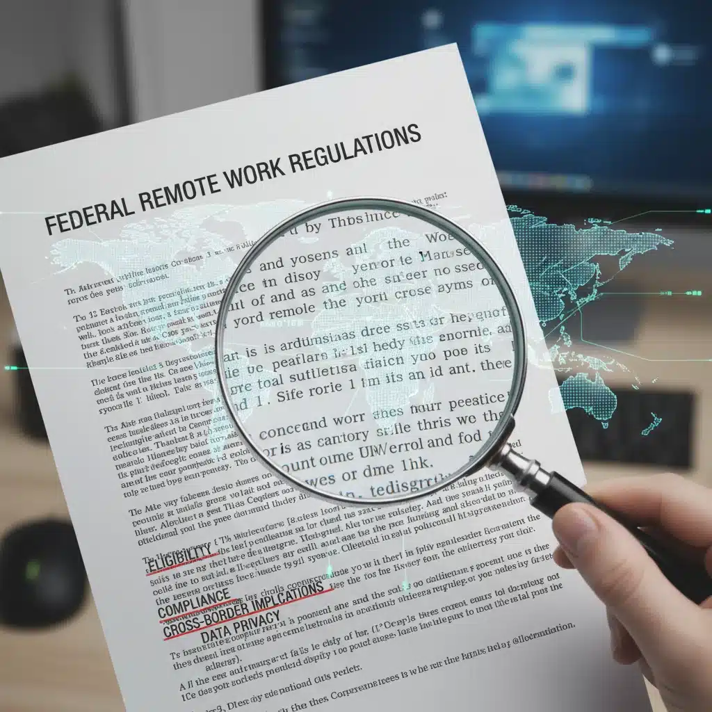 Magnifying glass over federal remote work policy document, symbolizing regulatory scrutiny.