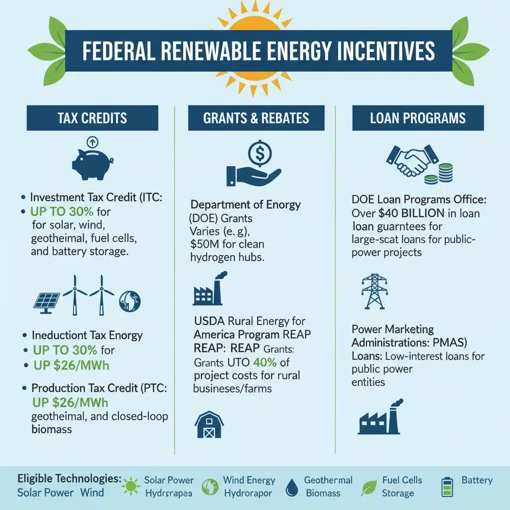 Infographic detailing various federal renewable energy incentives and programs