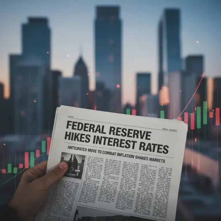 Federal Reserve interest rate decision headline on newspaper with financial graphs