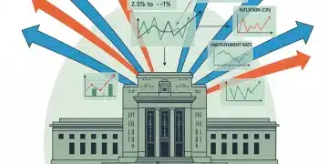 Federal Reserve building with economic charts and arrows representing interest rate projections.
