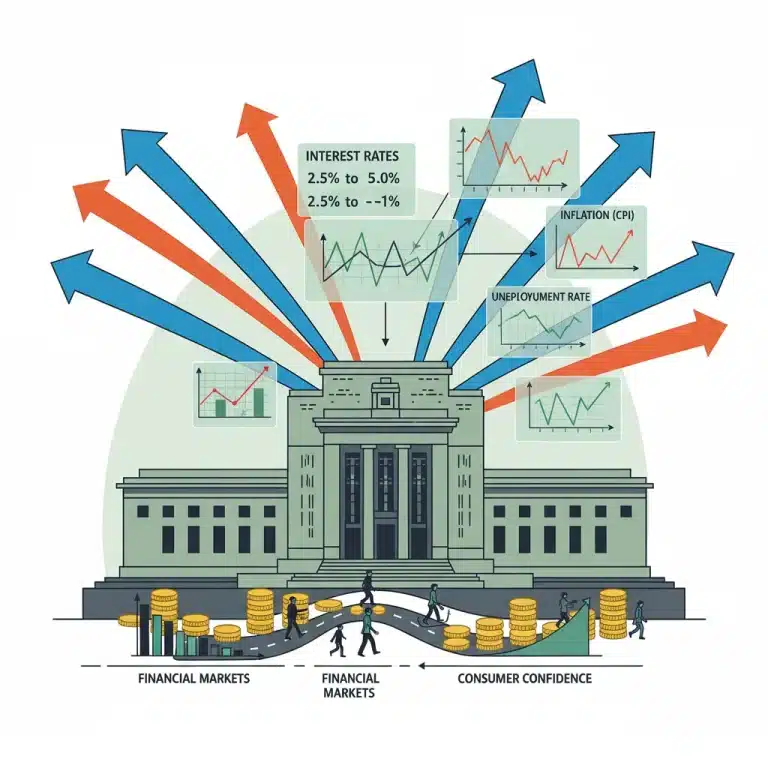 Federal Reserve building with economic charts and arrows representing interest rate projections.