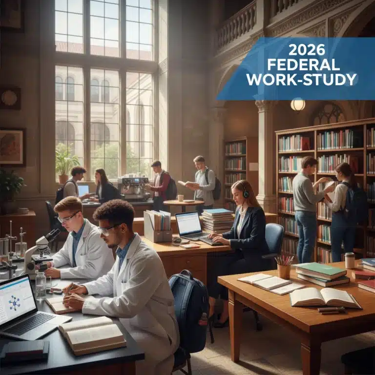 Students working on campus, illustrating Federal Work-Study benefits for 2026.