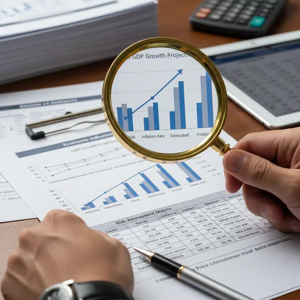Magnifying glass examining a financial report with economic indicators, focusing on risk assessment.