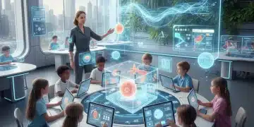 Students learning in a futuristic classroom with AI interfaces and holographic displays.