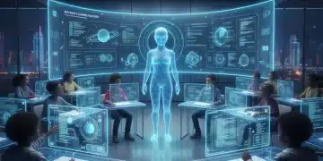 Futuristic online education platform interface with diverse students learning