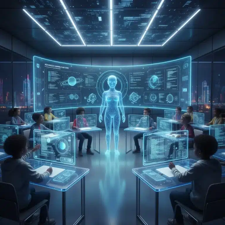 Futuristic online education platform interface with diverse students learning