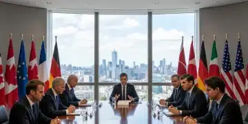 G7 leaders in discussion at a summit, representing international diplomacy and collaboration.