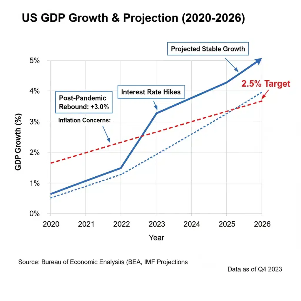 Historical and projected US GDP growth trend line with 2026 forecast.