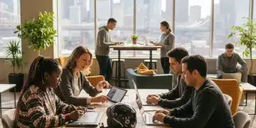 Diverse independent workers in a modern co-working space, representing the expanding gig economy.