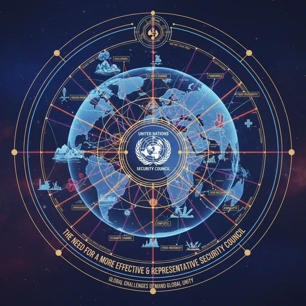 Infographic showing global challenges requiring UN Security Council action.