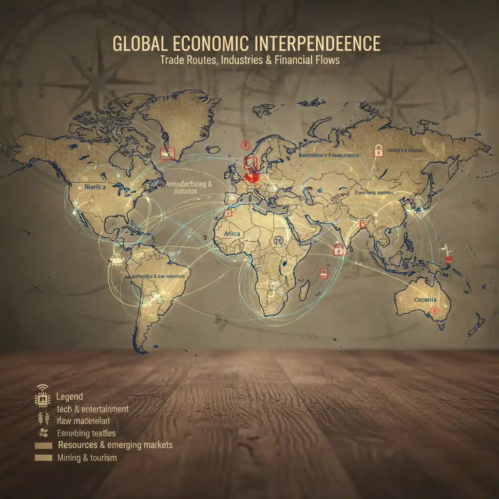 World map showing global economic interconnectedness and trade routes.