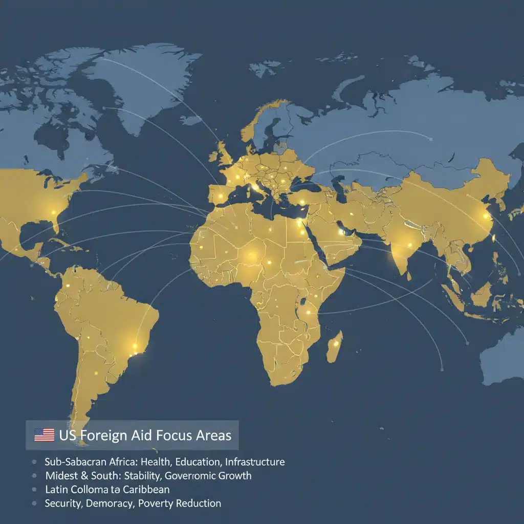 World map indicating key regions for US foreign aid and development assistance.