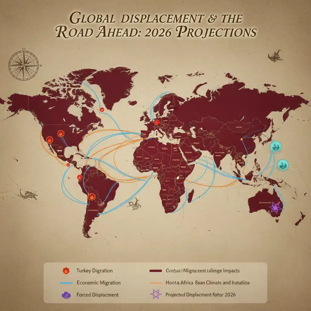 Global map showing projected refugee migration routes and areas affected by conflict and climate change by 2026.