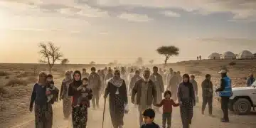 Refugees seeking safety, walking through a challenging landscape, symbolizing global displacement and the need for humanitarian aid.
