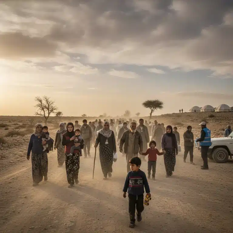 Refugees seeking safety, walking through a challenging landscape, symbolizing global displacement and the need for humanitarian aid.