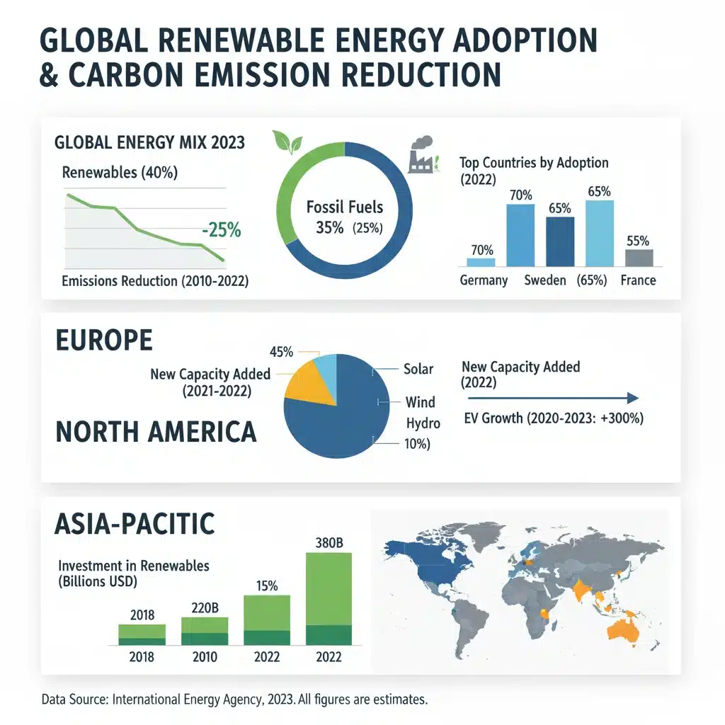 Infographic displaying global renewable energy adoption and carbon emission reduction data.