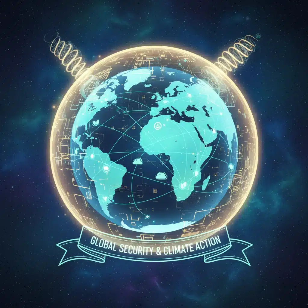 Abstract representation of global security and climate cooperation.