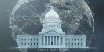 Global supply chain network with federal intervention symbols stabilizing prices in 2026