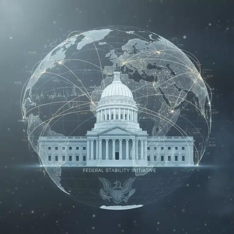 Global supply chain network with federal intervention symbols stabilizing prices in 2026