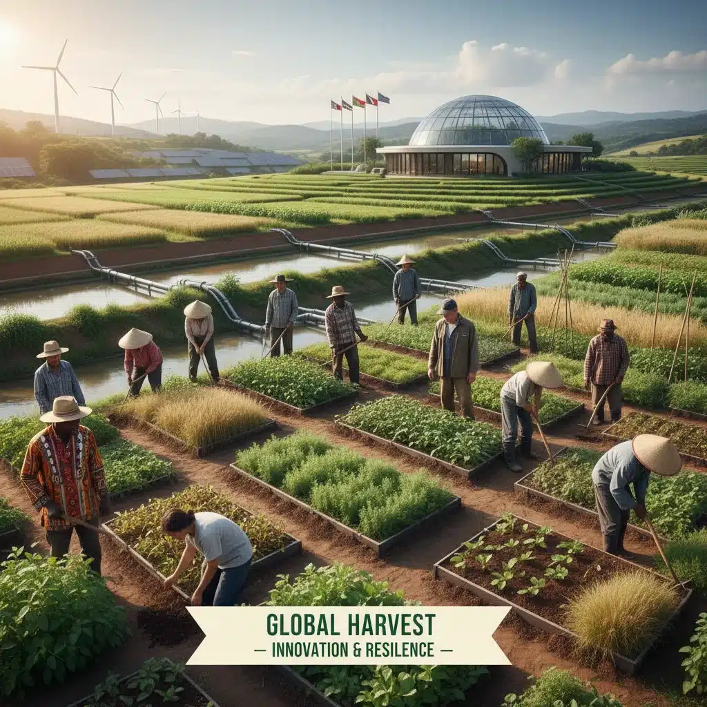 Global farmers practicing sustainable agriculture