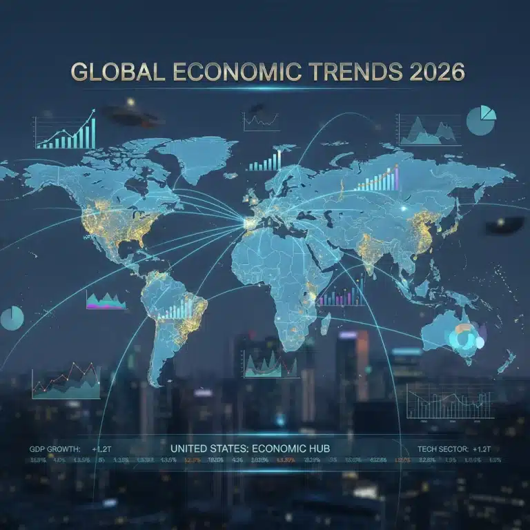 Global trade map with economic data overlays for 2026 outlook