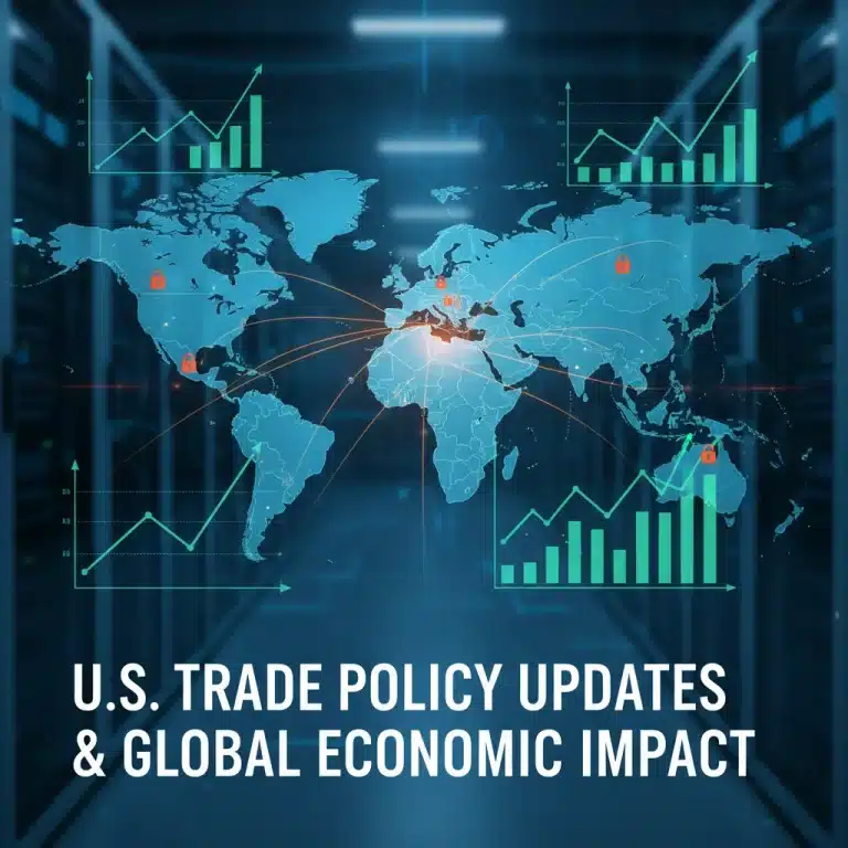 Global trade map with rising economic indicators and tariff symbols, representing US trade policy updates Q2 2026.
