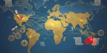 Global trade map with WTO negotiation symbols and US highlighted