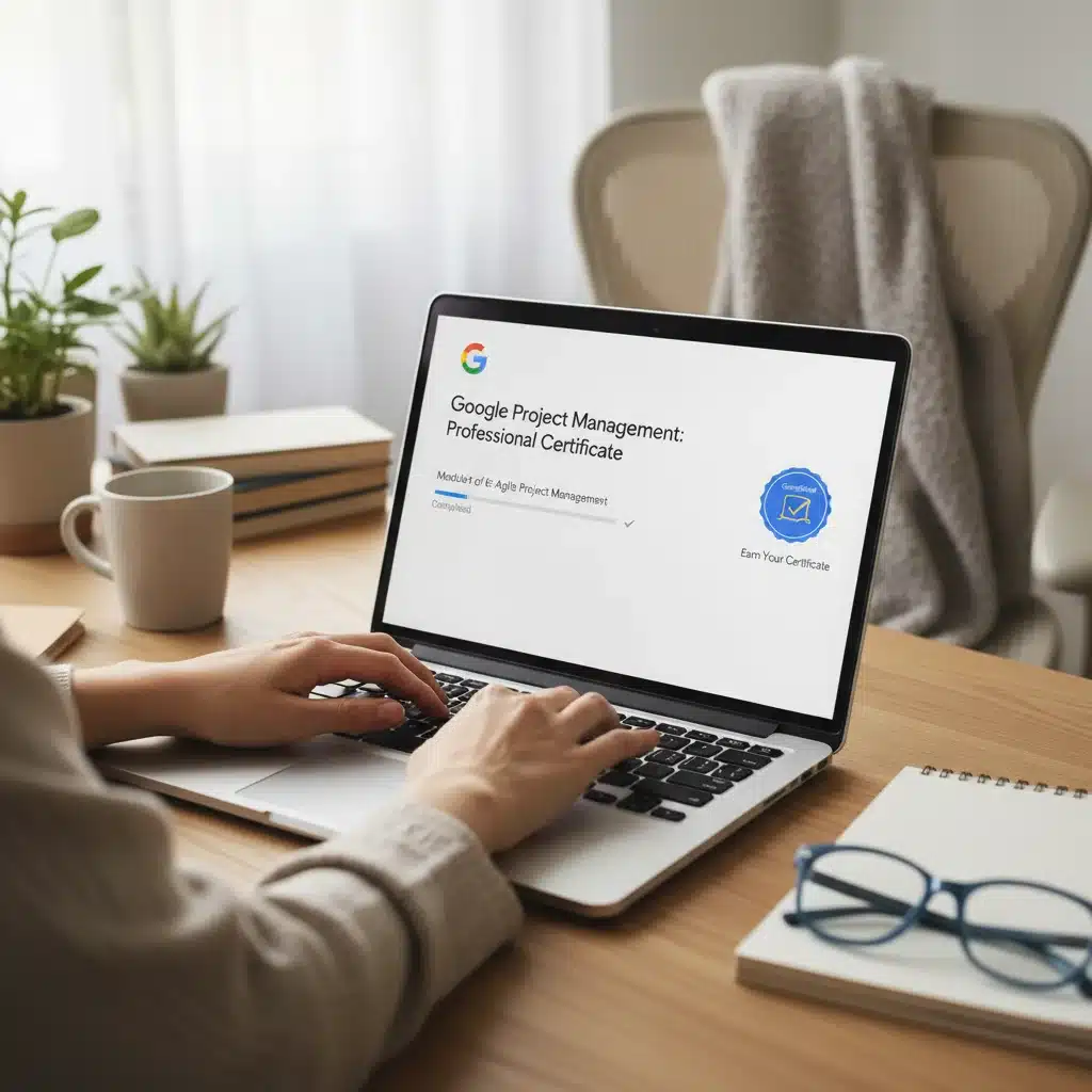 Individual earning a Google Project Management certificate online