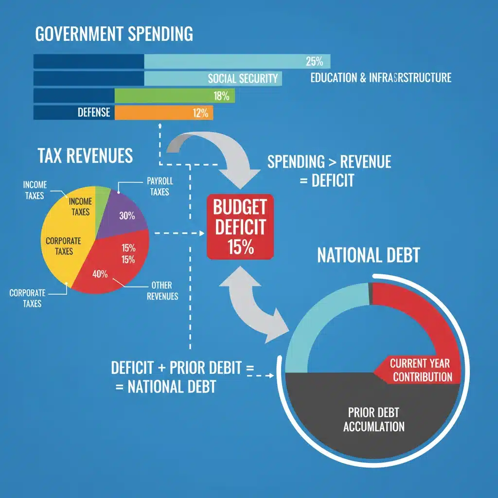 Infographic detailing US government spending and revenue components.